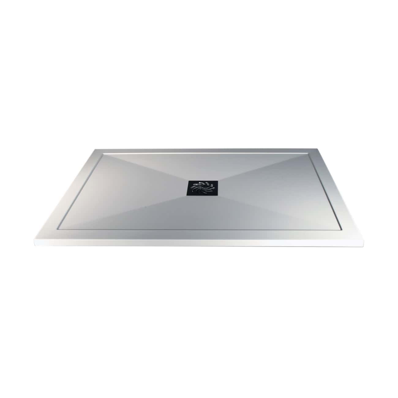 Sleek modern rectangular bathroom shower drain with a black central drain cover and metallic finish, designed for contemporary bathroom waterproofing and drainage solutions.