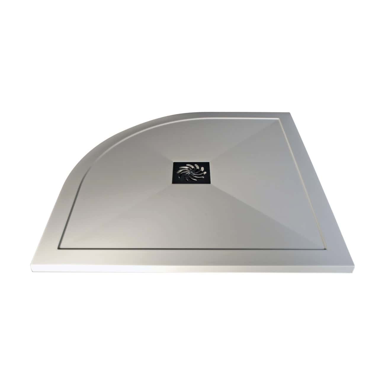 Elegant grey corner shower tray with a sleek black drain cover, ideal for modern bathroom renovations and stylish shower enclosures.