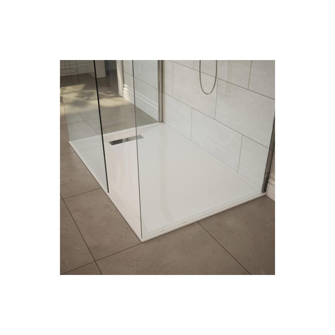 Modern frameless glass shower enclosure with white shower tray and beige wall tiles, designed for luxury bathroom renovations by Bubly Bathrooms.