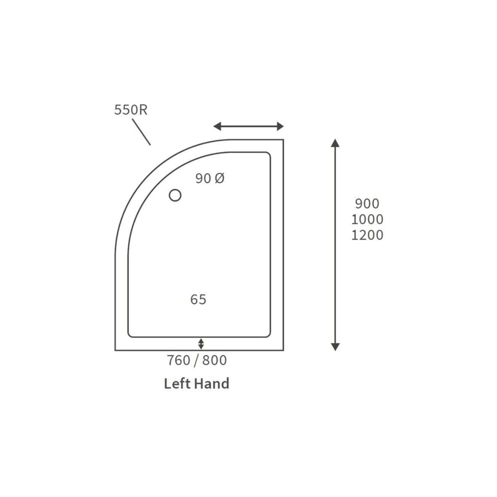 Compact shower tray with curved front, measurements for custom bathroom fit, featuring a 90mm drain hole and designed for left-hand installation, perfect for modern bathroom designs.