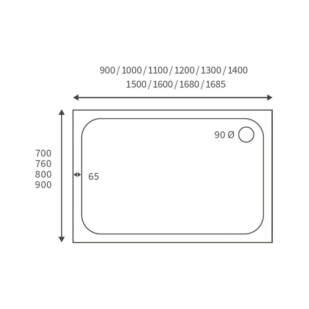 High-quality bathroom shower tray with various size options, including 900mm to 1685mm lengths and 700mm to 900mm widths, featuring a 90mm drain hole for modern bathroom installations.