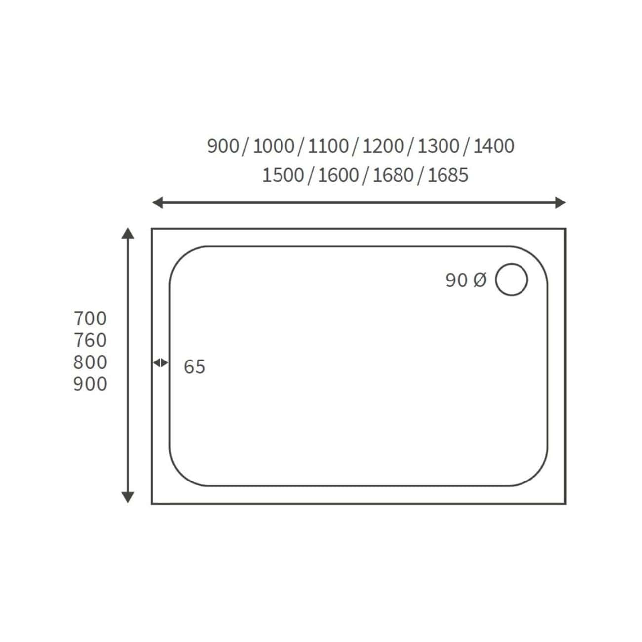 High-quality bathroom shower tray with various size options, including 900mm to 1685mm lengths and 700mm to 900mm widths, featuring a 90mm drain hole for modern bathroom installations.