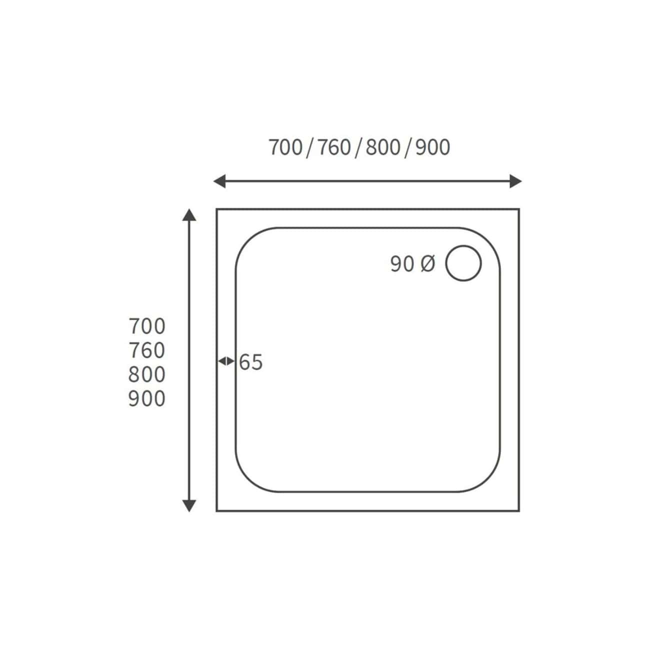 700/760/800/900 mm shower tray size diagram with dimensions for bathroom renovation.