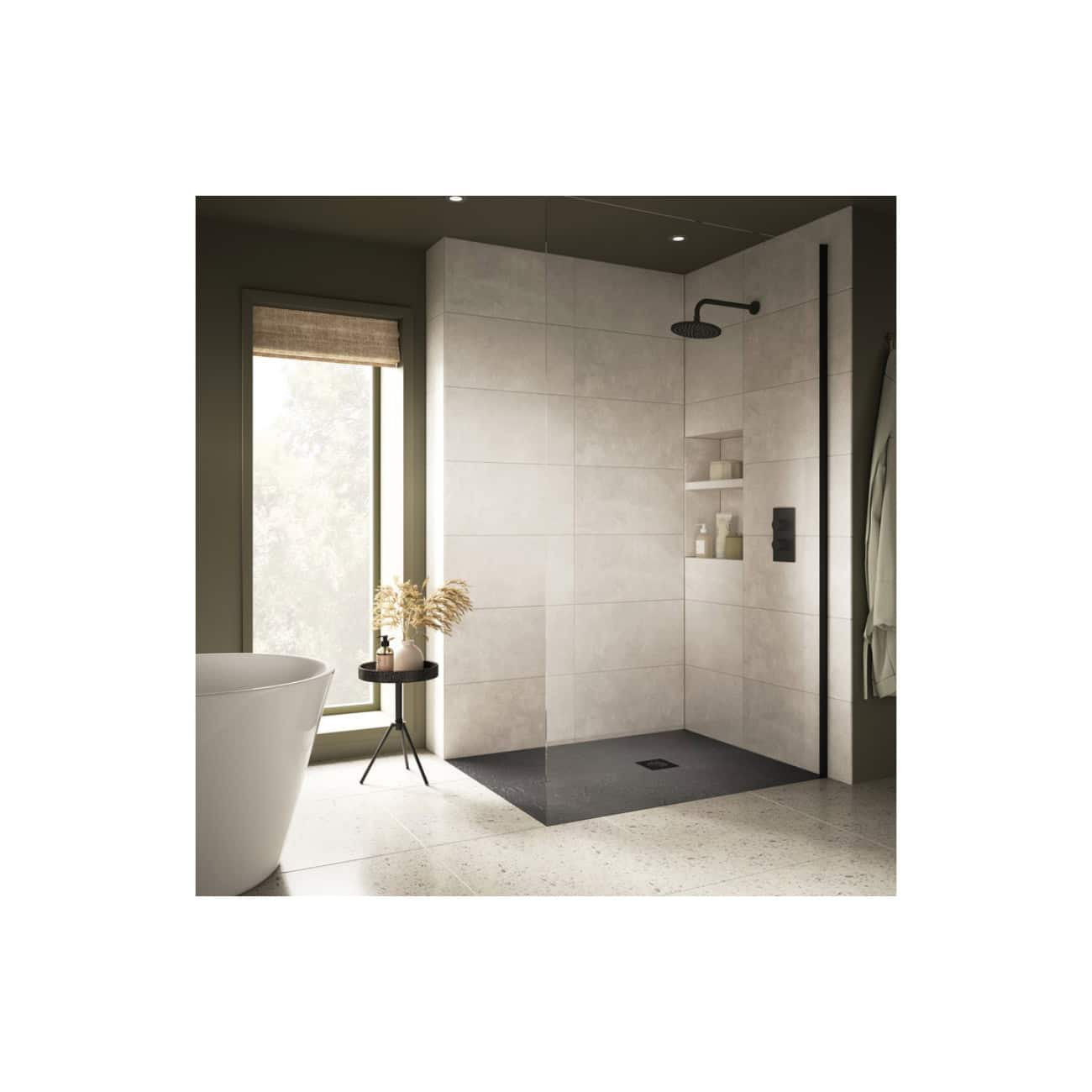 Minimalist walk-in shower with black fixtures and built-in shelves in a modern bathroom, featuring neutral tiles, a freestanding bathtub, and natural light from a large window.
