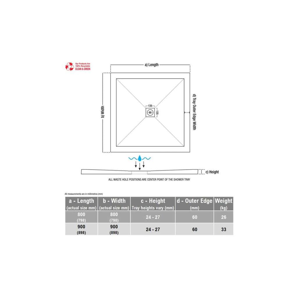 Shockproof shower tray technical drawing with detailed measurements and specifications for bathroom installation, highlighting dimensions, waste hole positioning, and weight options for durable bathroom fittings.