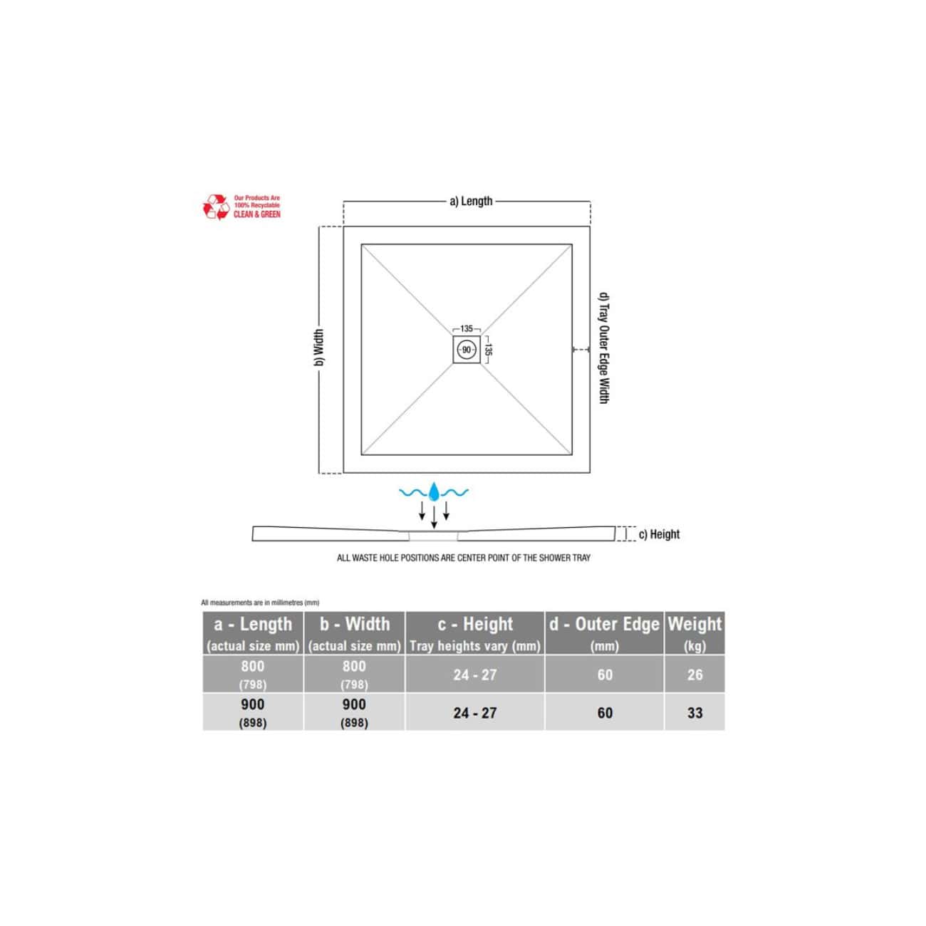 Shockproof shower tray technical drawing with detailed measurements and specifications for bathroom installation, highlighting dimensions, waste hole positioning, and weight options for durable bathroom fittings.