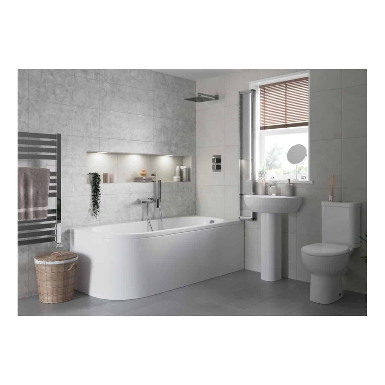 Elegant modern bathroom featuring a white bathtub, pedestal sink, and toilet with sleek grey tiling, a large window with blinds, and contemporary bathroom accessories for a minimalist design.