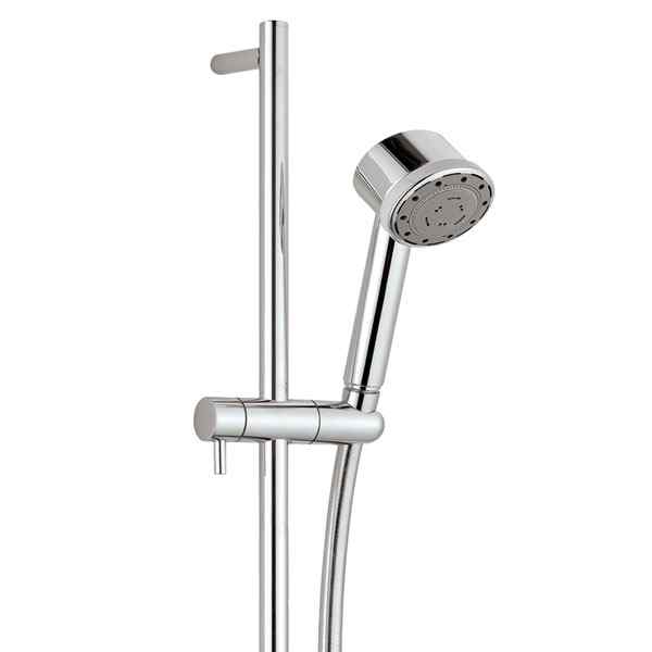 Sleek chrome handheld shower head with adjustable sliding rail for custom water flow and height, perfect for modern bathroom renovation and versatile showering.