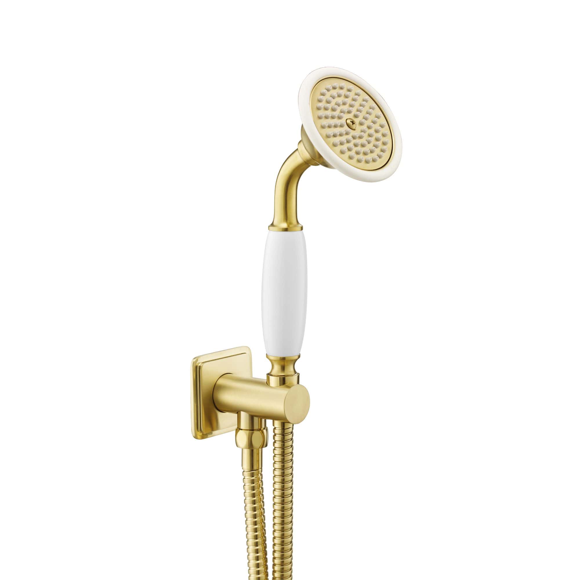 Polished gold and white handheld showerhead with adjustable spray, mounted on a wall bracket, modern bathroom fixture, designed for luxurious bathing experiences, ideal for home or hotel bathrooms.