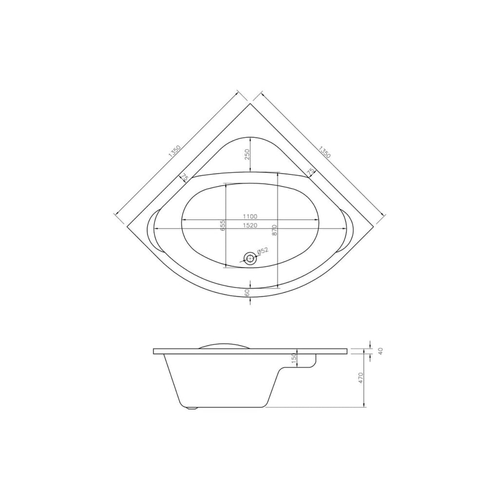 Precision technical drawing of a luxury bathtub with dimensions and installation details, ideal for modern bathroom design and renovation projects.