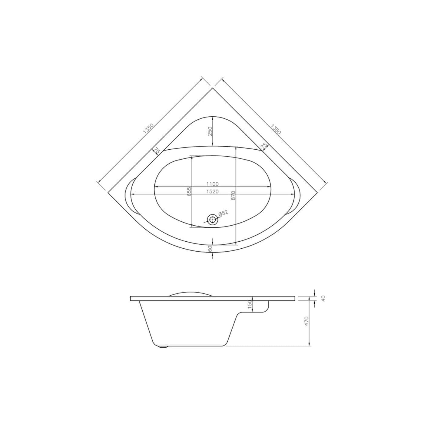 Precision technical drawing of a luxury bathtub with dimensions and installation details, ideal for modern bathroom design and renovation projects.