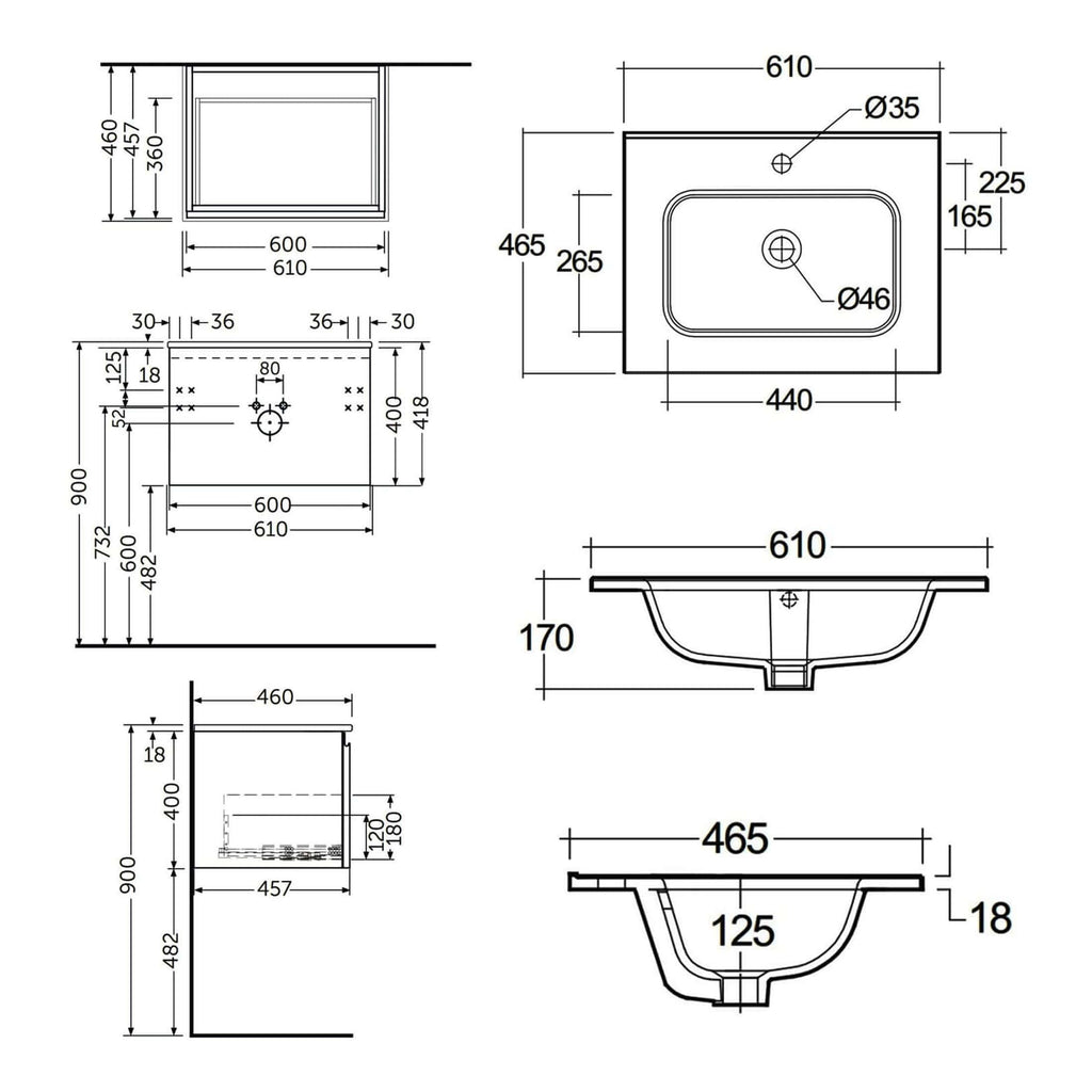 Precise technical drawing of a bathroom basin with detailed measurements, showcasing the installation dimensions for custom fitting and plumbing compatibility in modern bathroom designs.