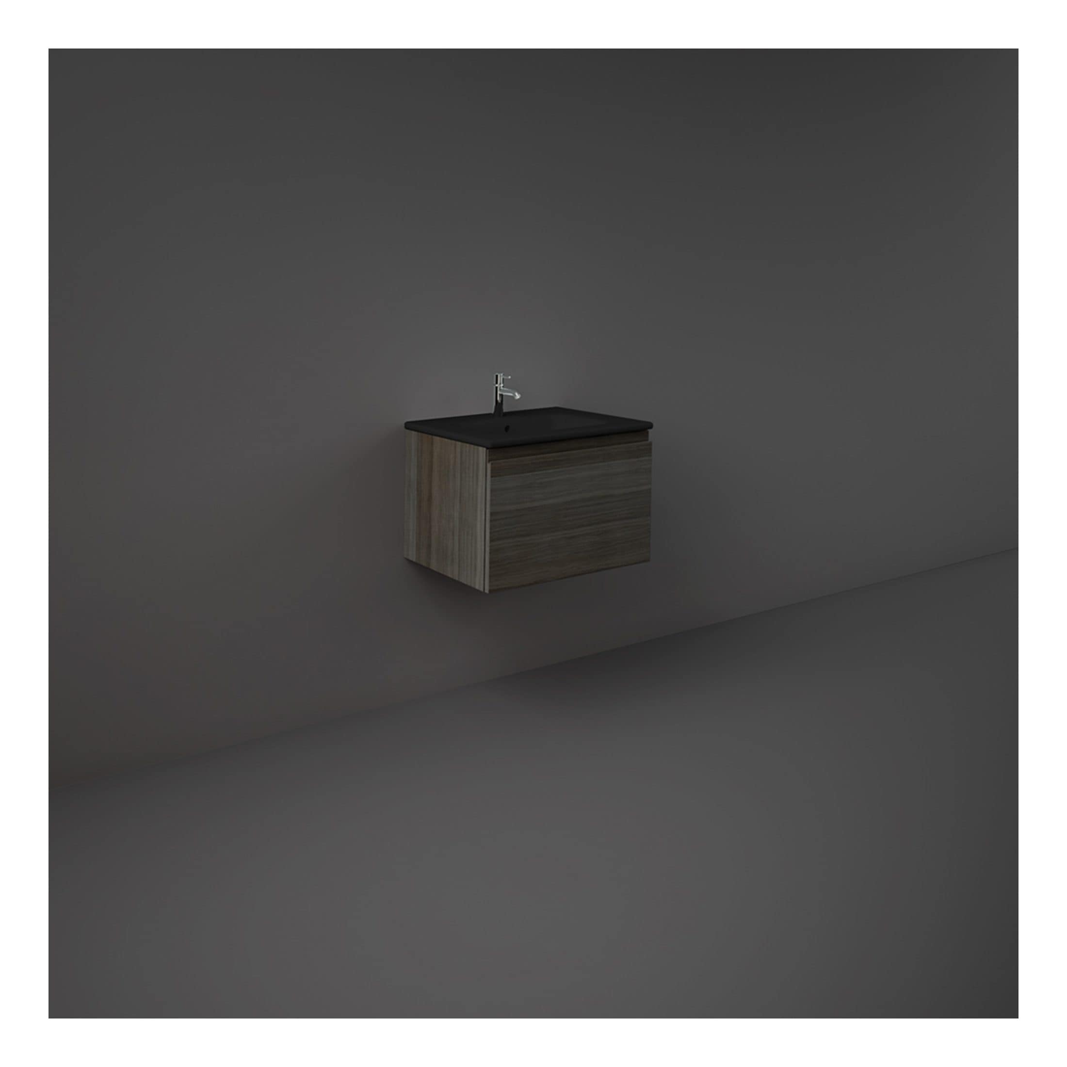 Sleek modern bathroom vanity with black countertop and wooden cabinet, minimalist design, ideal for contemporary bathrooms, providing stylish storage and sink area.