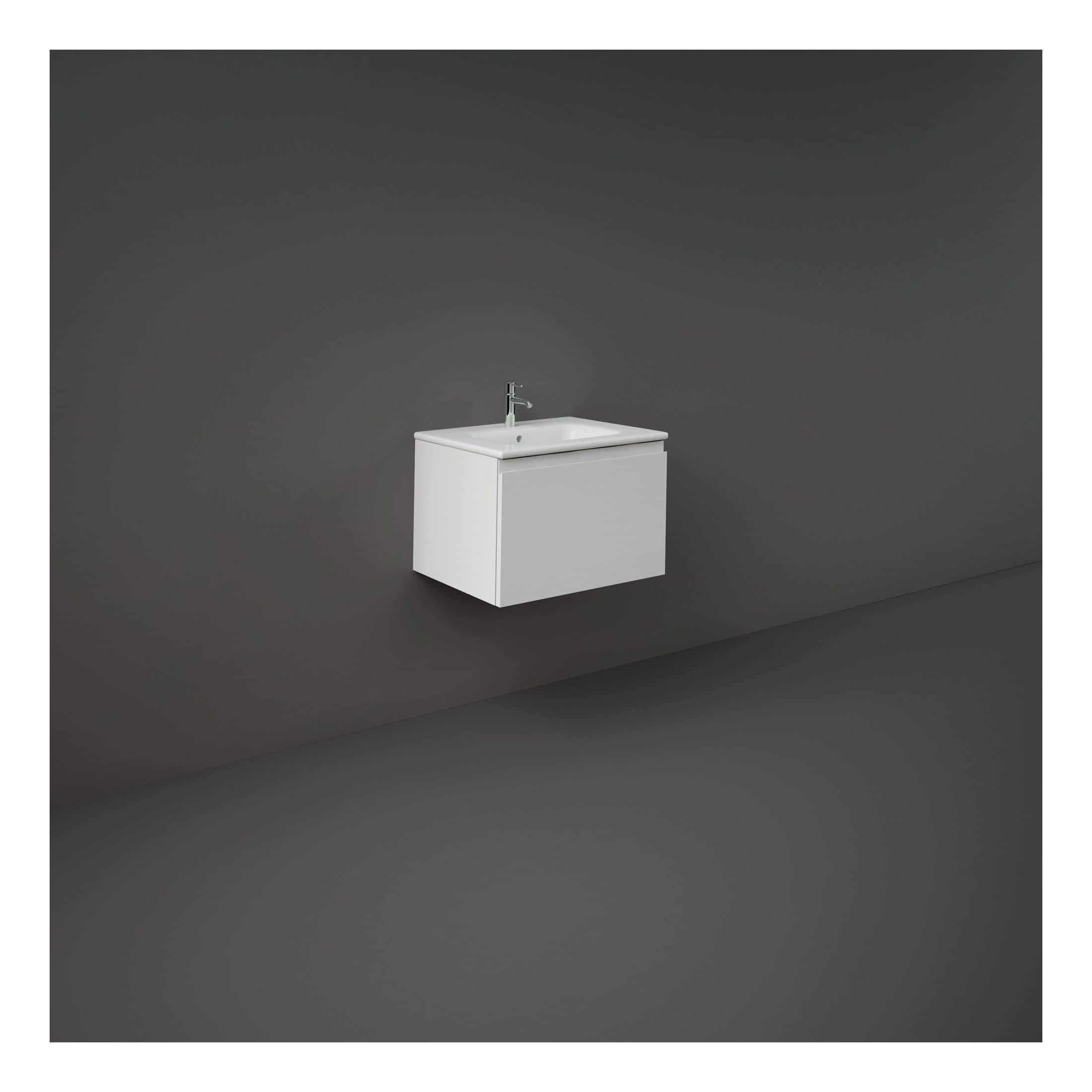 Sleek modern bathroom sink with cabinet, wall-mounted design, white finish, single faucet, ideal for contemporary bathrooms, space-saving, durable fixtures, minimalist style.