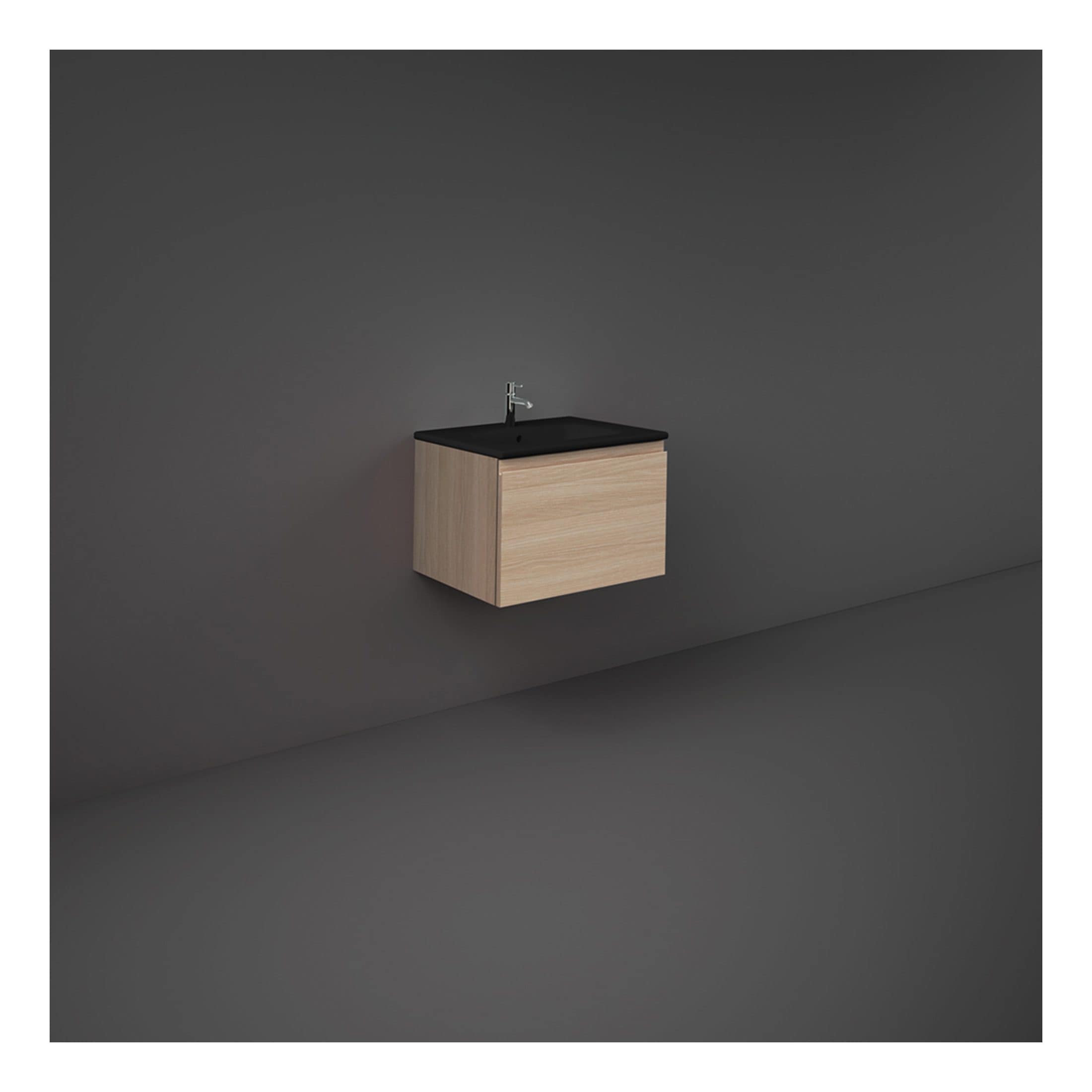 Contemporary bathroom vanity with black countertop and wooden cabinetry, perfect for modern bathroom design. Compact and stylish storage solution for your bathroom essentials.