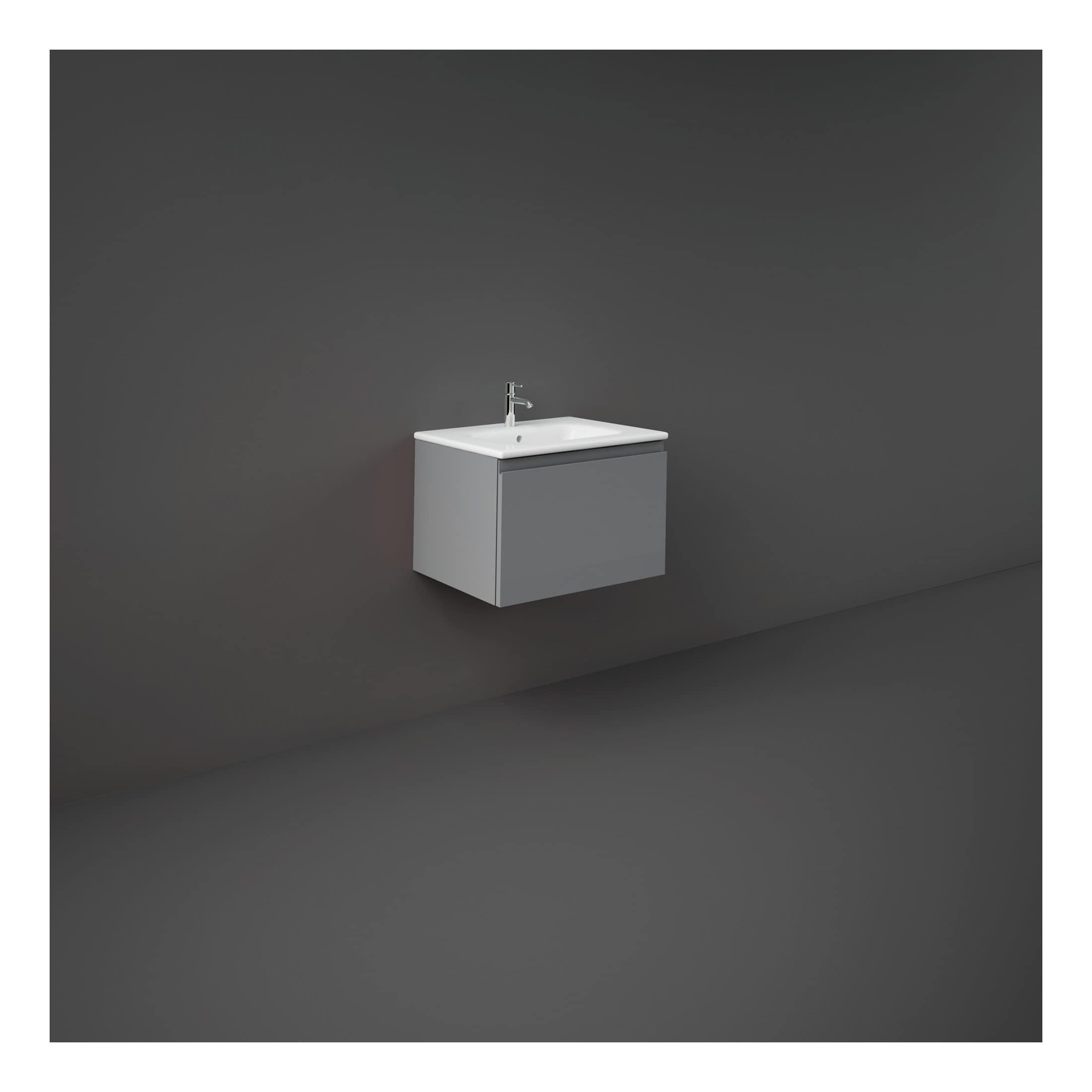 Sleek modern bathroom vanity with integrated basin, wall-mounted grey cabinet, minimalist design, ideal for contemporary bathrooms, featuring a chrome faucet, suitable for stylish bathroom interiors.