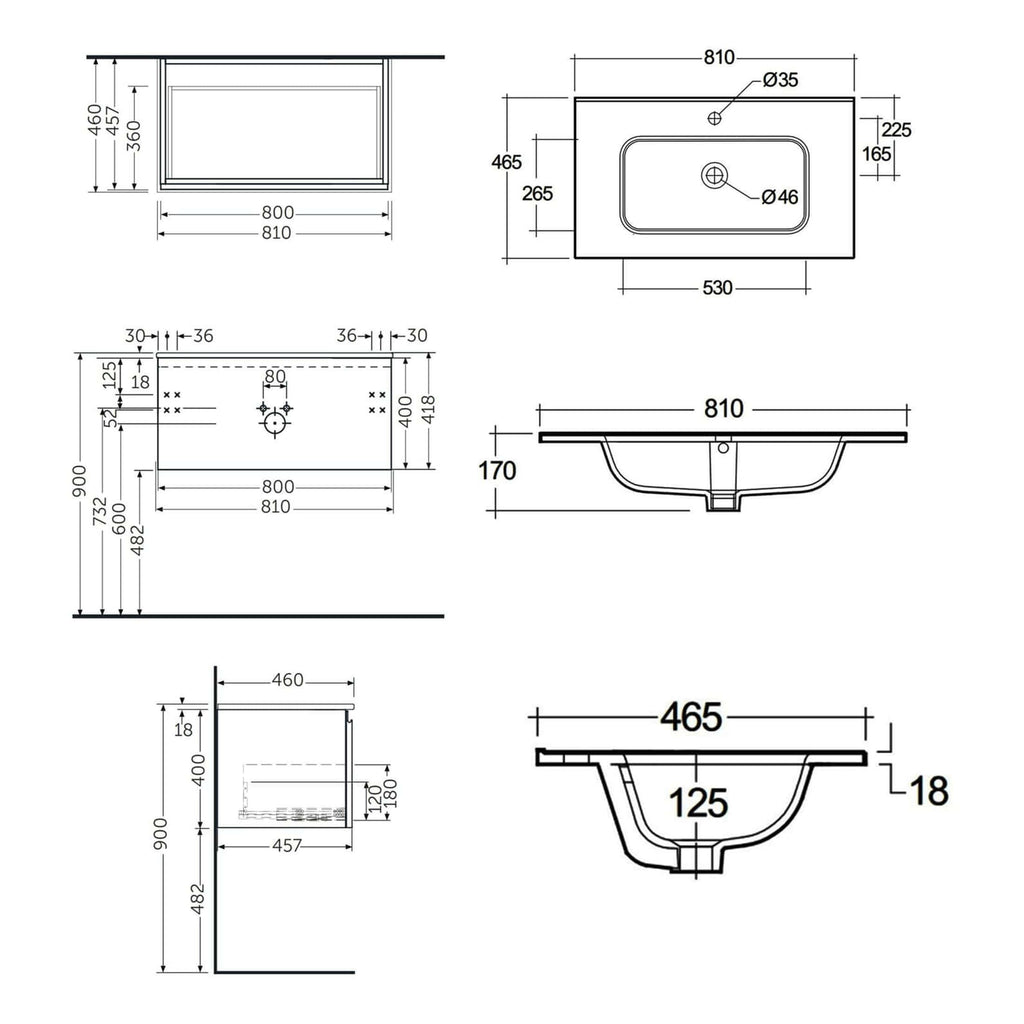Precision bathroom sink technical drawing with detailed measurements for installation and design.