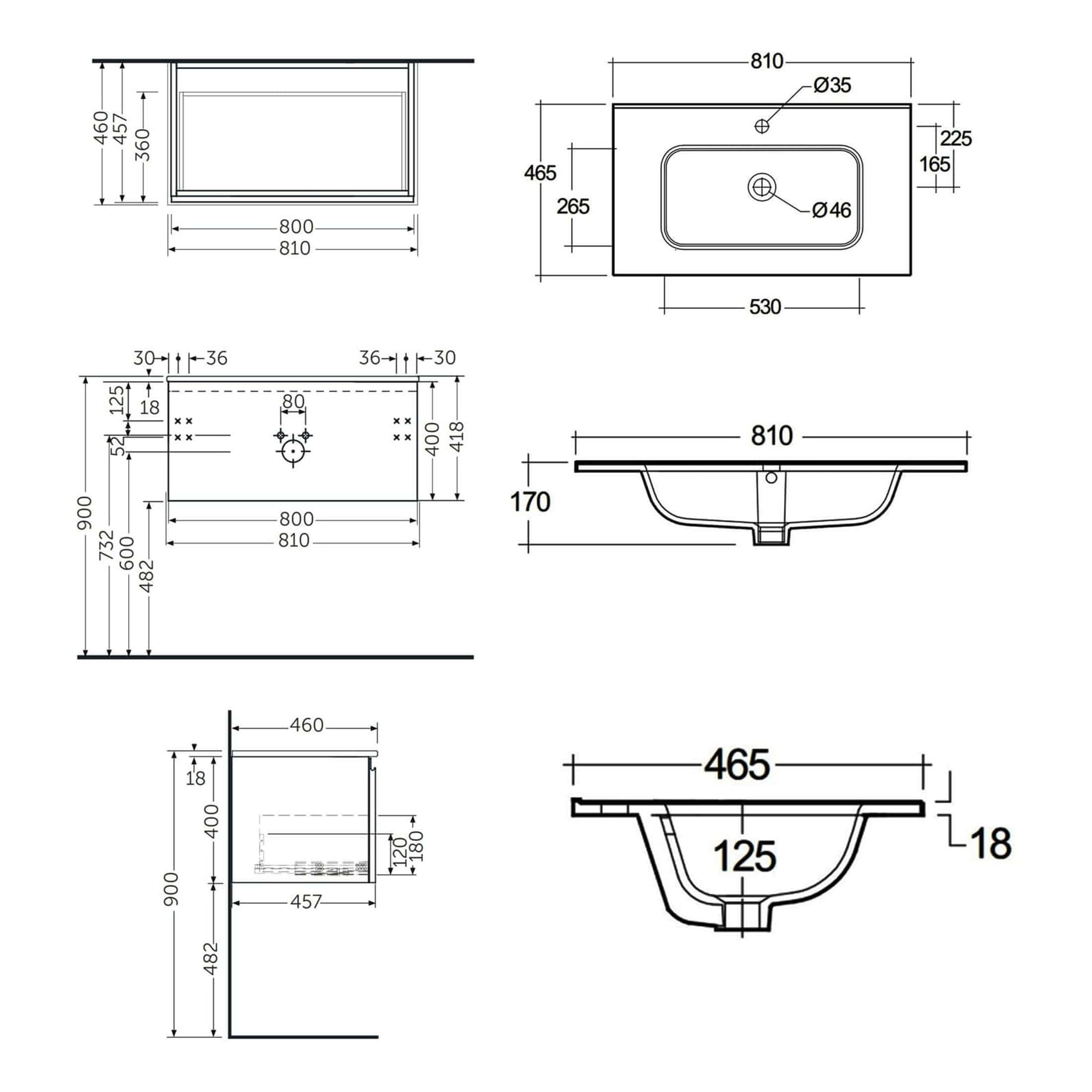 Precision bathroom sink technical drawing with detailed measurements for installation and design.