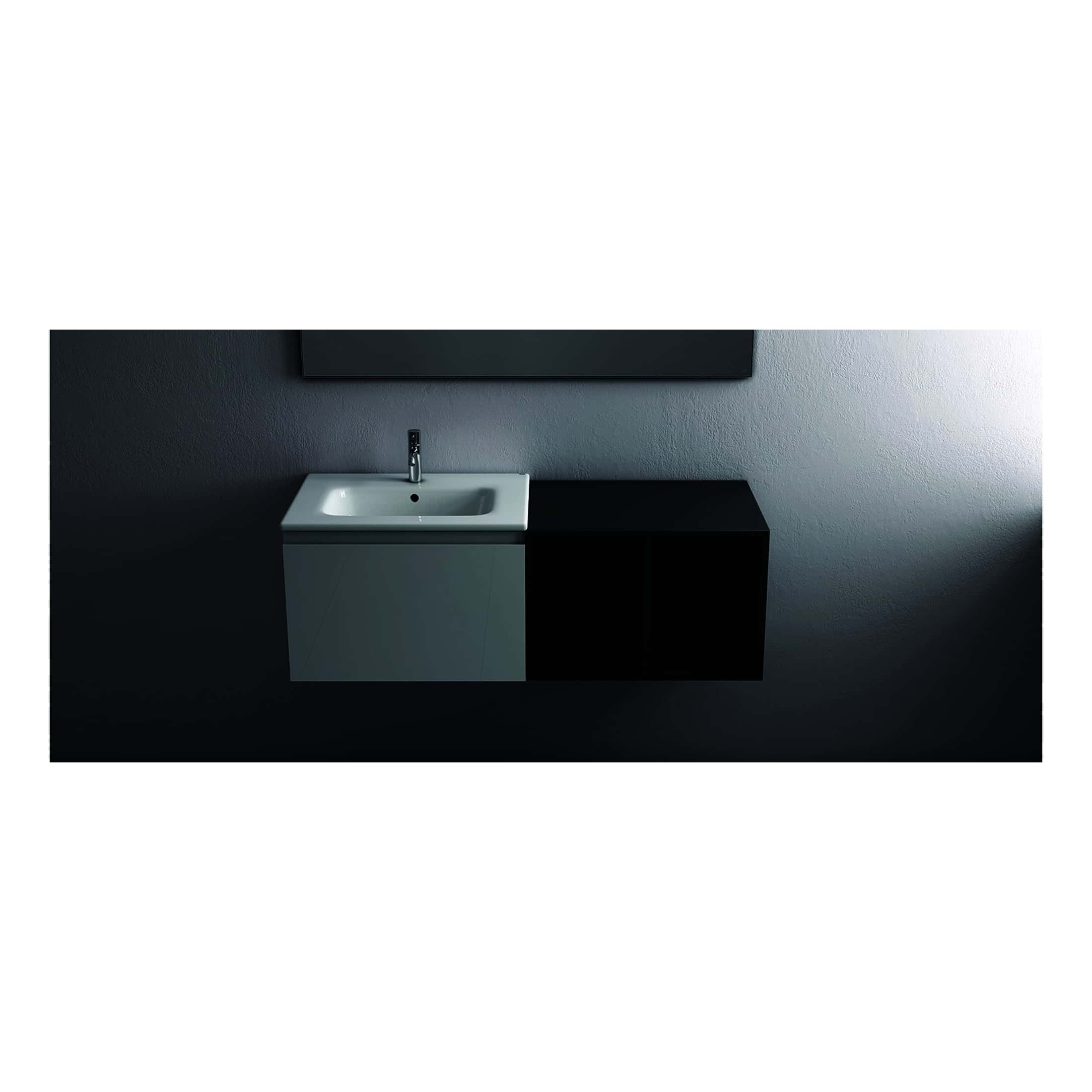 Sleek modern bathroom vanity with a white ceramic sink and a minimalist black and white cabinet design, perfect for contemporary bathroom renovations and stylish space optimisation.