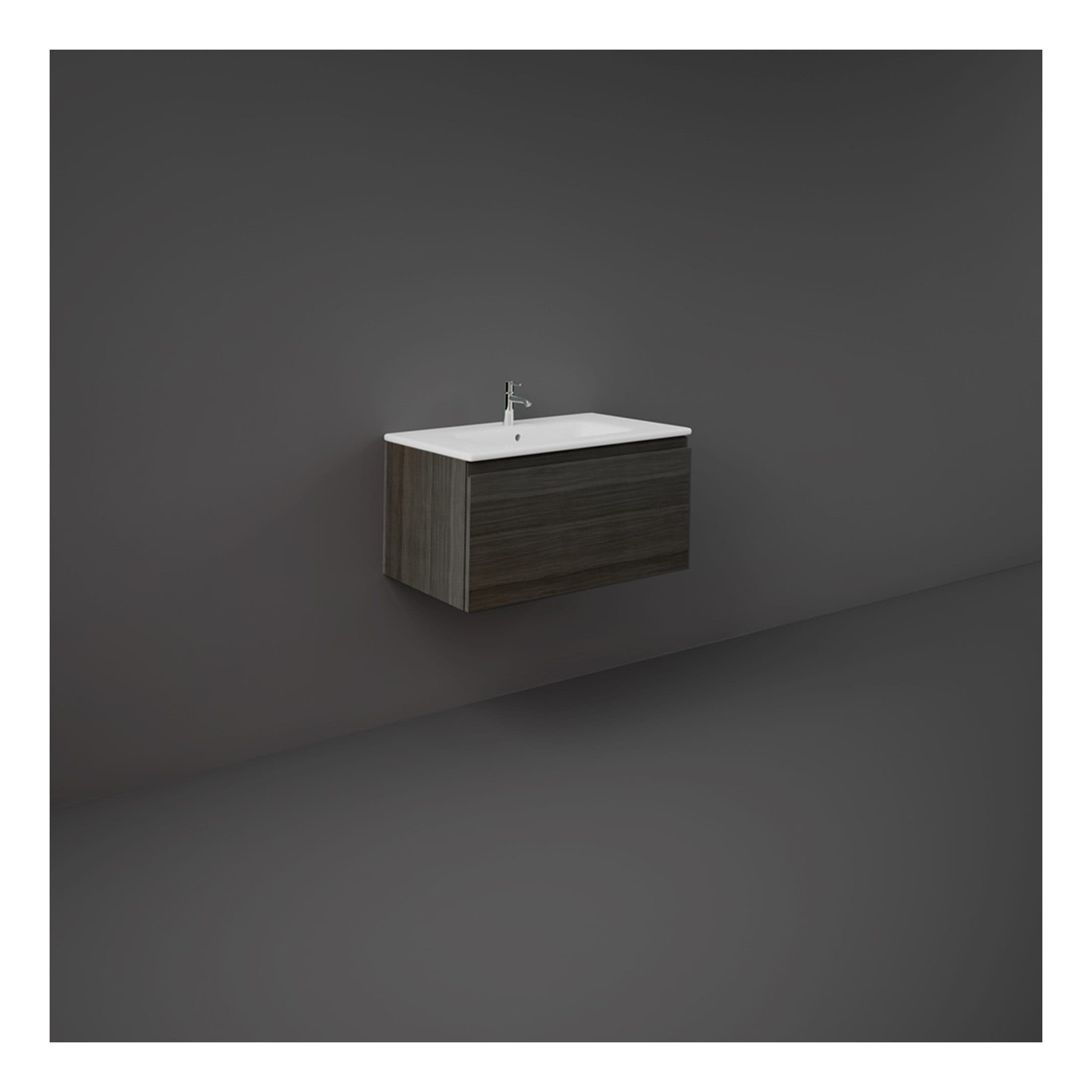 Contemporary wall-mounted bathroom vanity with integrated sink in a sleek, minimalist design, featuring wood finish cabinet and chrome faucet. Perfect for modern bathroom decor.