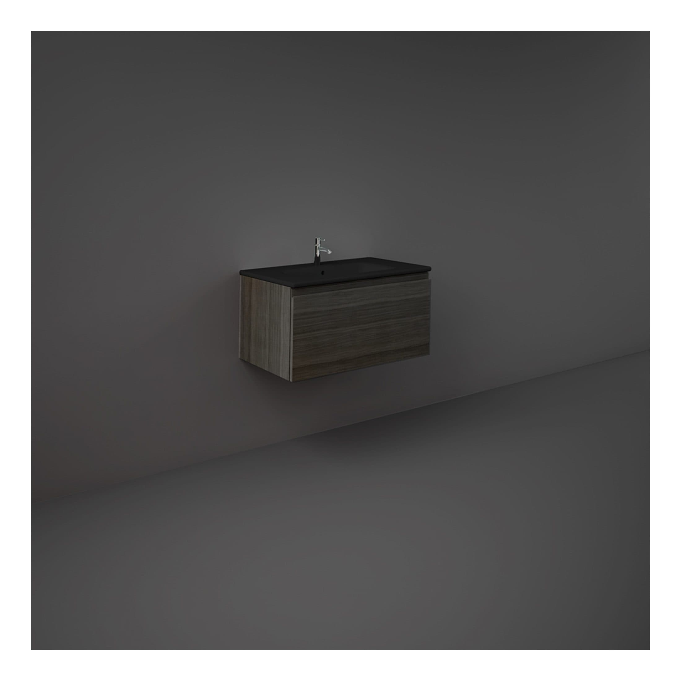 Minimalist bathroom vanity with black countertop and wooden cabinet, sleek modern design for contemporary bathrooms.