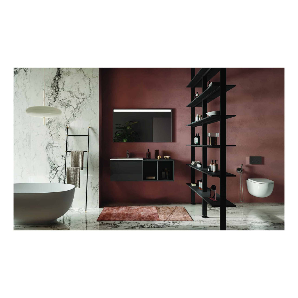 Stylish modern bathroom with a freestanding bathtub, wall-mounted sink, black shelving unit, and contemporary lighting, featuring marble and dark red wall finishes, perfect for luxury bathroom designs.