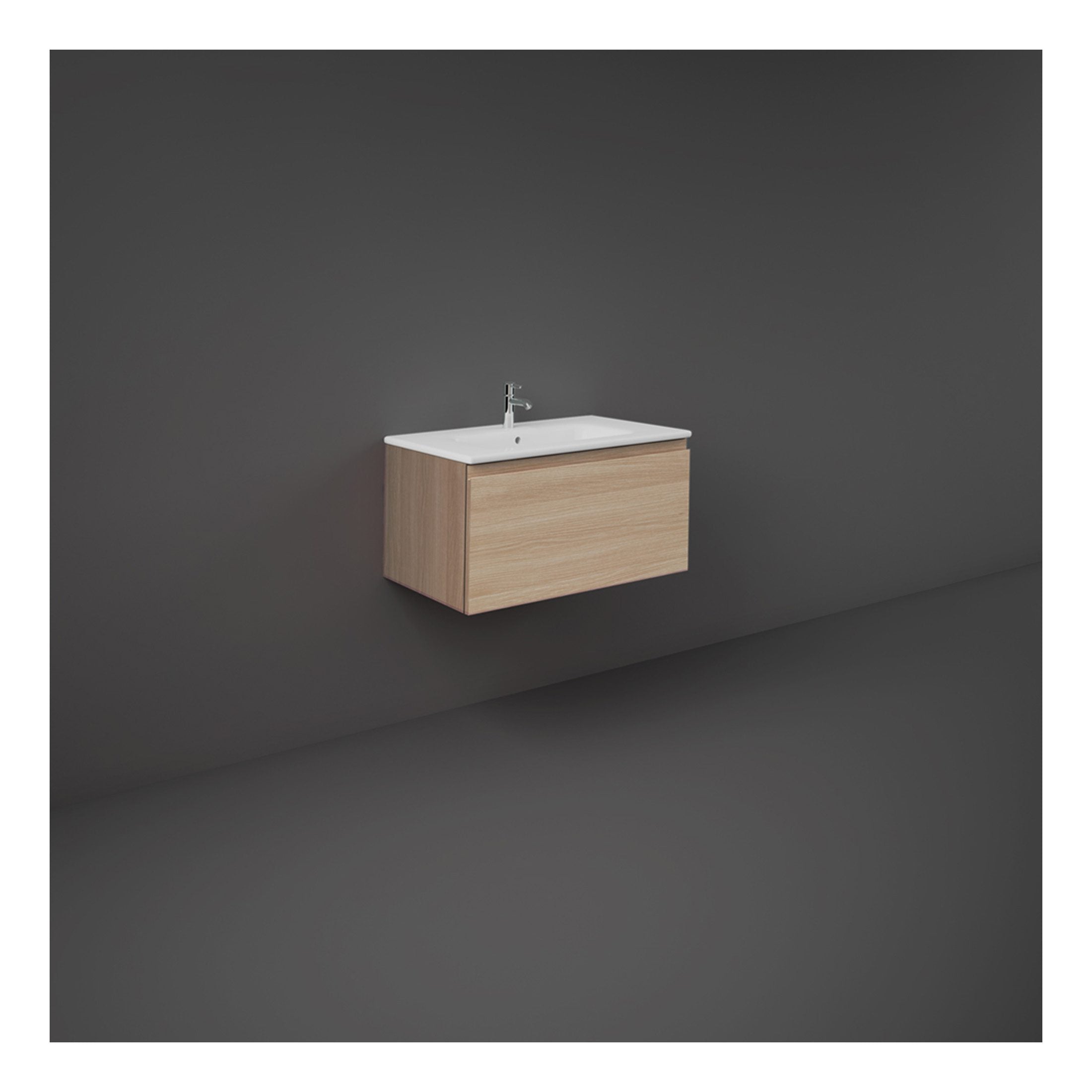 Sleek modern bathroom sink cabinet with wooden finish and integrated white ceramic basin, ideal for contemporary bathroom designs.