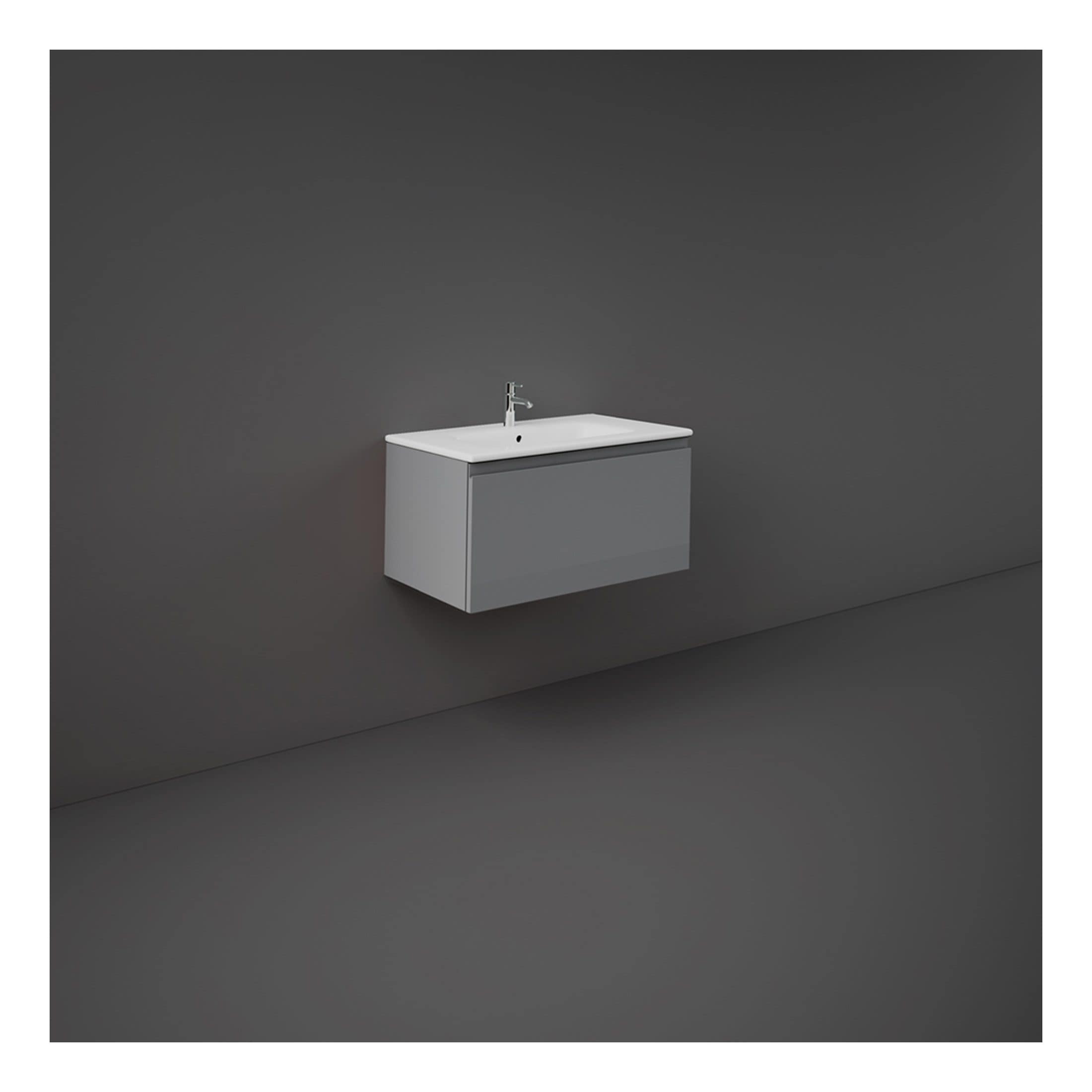 Minimalist modern bathroom vanity with integrated sink and sleek grey cabinetry, ideal for contemporary bathroom designs. Perfect for stylish and functional bathroom storage solutions.