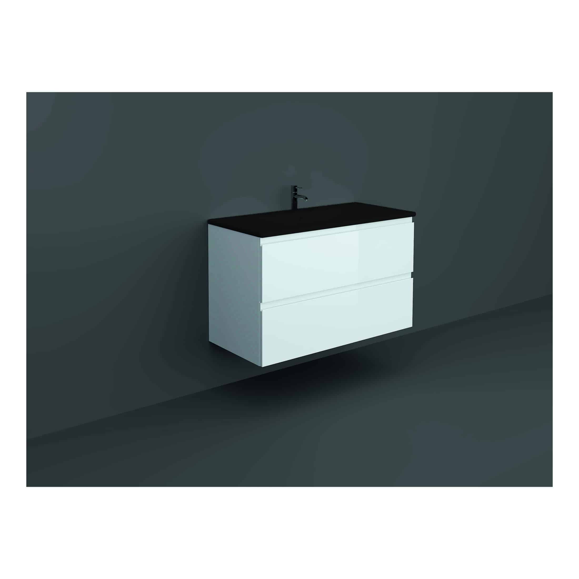 Contemporary white bathroom vanity with black countertop and integrated sink, ideal for modern bathroom designs.