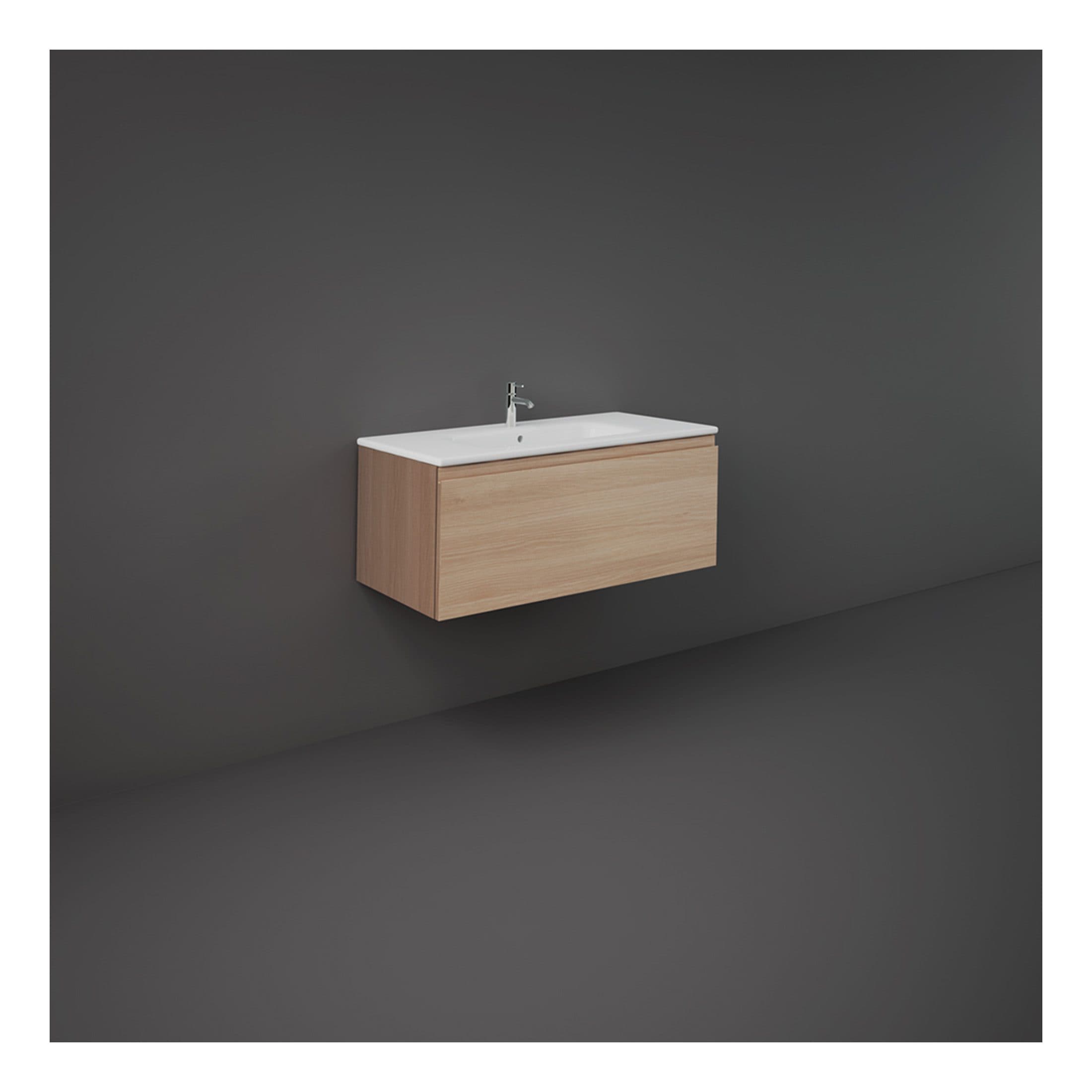Sleek modern bathroom vanity with a wooden finish and integrated sink, perfect for contemporary bathrooms. Minimalist design offering style and functionality for bathroom decor.