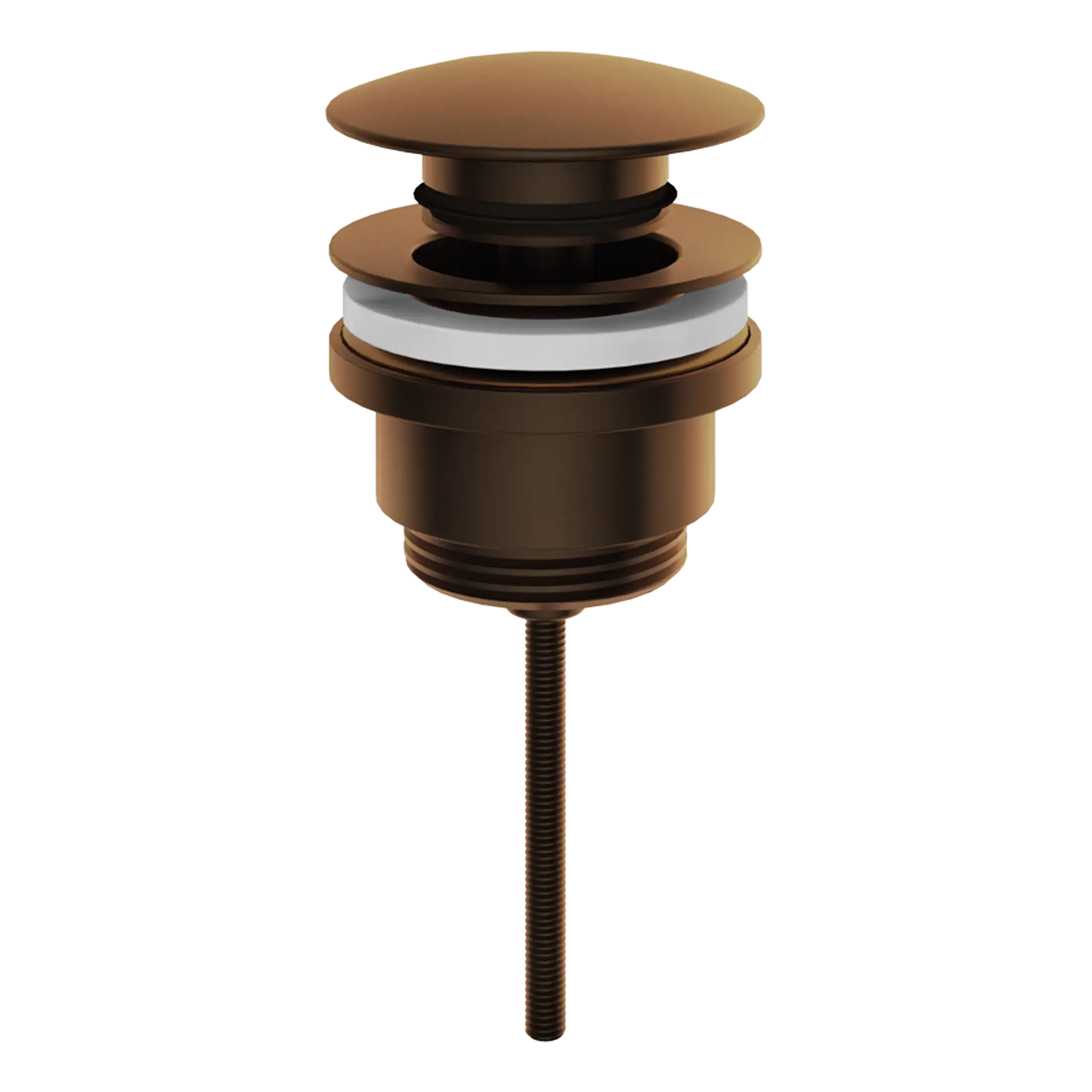 Brass bathtub drain assembly with rubber gasket and threaded pipe, plumbing fixture part, used for bathroom sink or bathtub installation in Bubly Bathrooms.