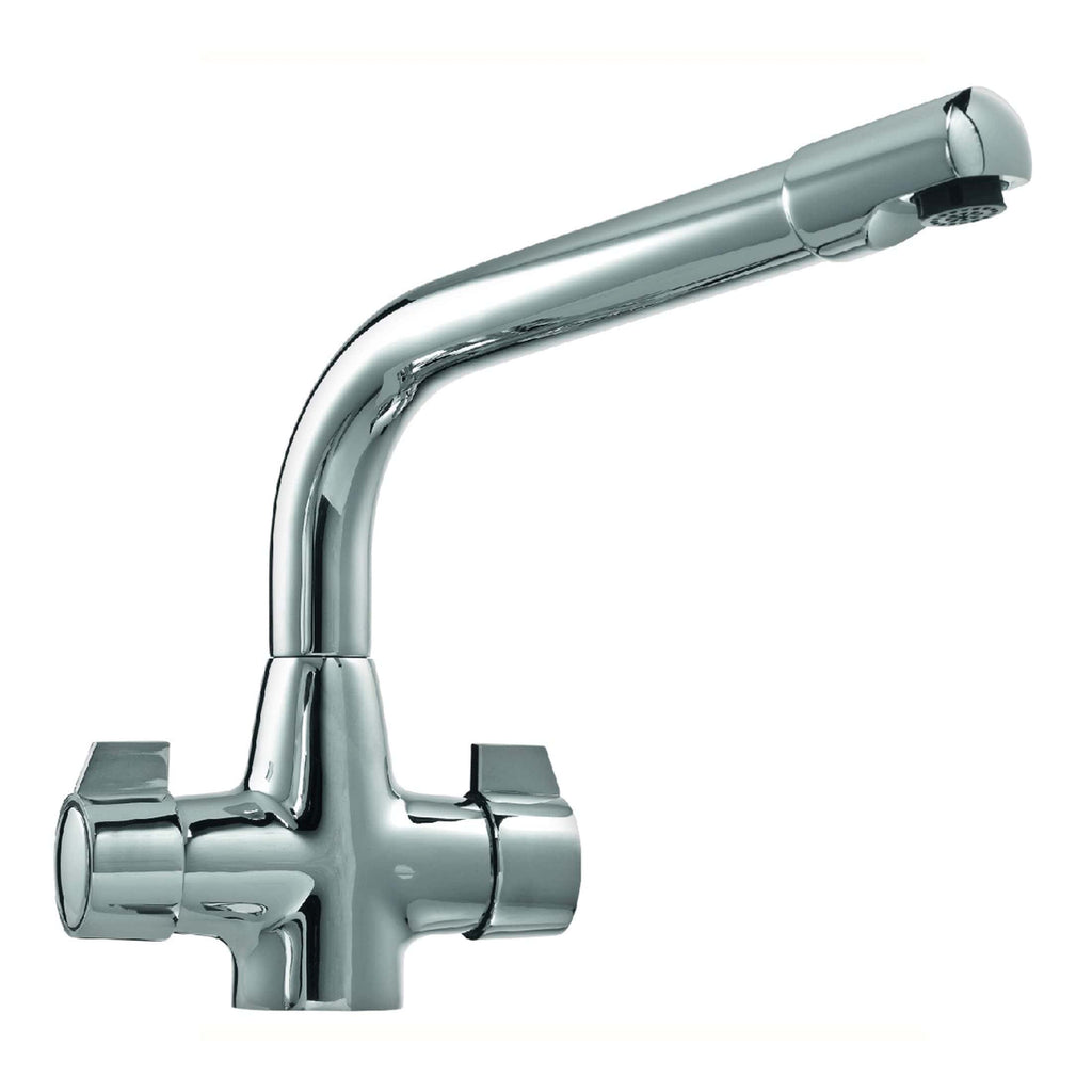 Shiny chrome kitchen sink faucet with single lever handle, modern design, suitable for bathroom or kitchen installation, sleek and functional fixture.