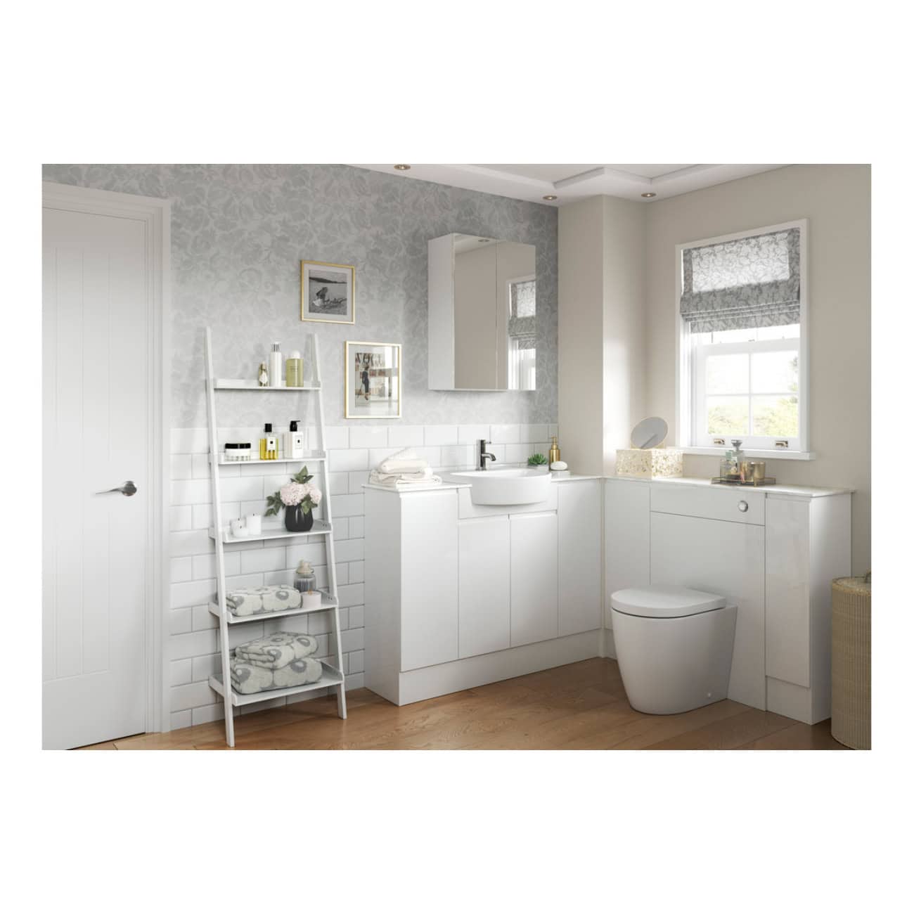 Stylish modern bathroom featuring white cabinetry, wall-mounted mirror, elegant basin, sleek toilet, and decorative shelving with accessories, designed for a contemporary and functional space.