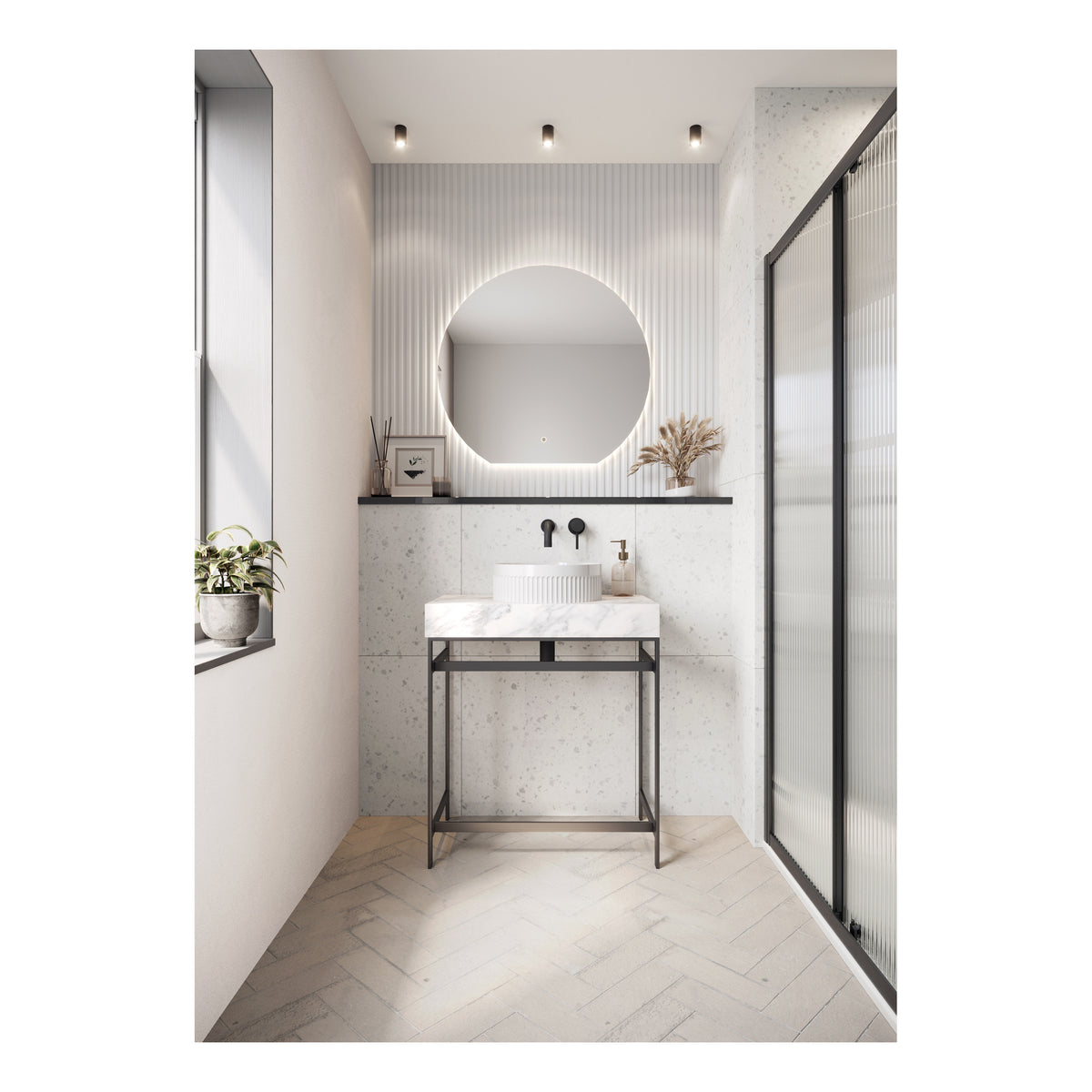 Scudo Fluted Gloss White Countertop Basin – 575×360×116mm - lifestyle