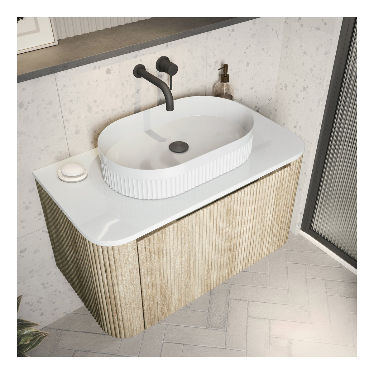 Scudo Fluted Gloss White Countertop Basin – 575×360×116mm - lifestyle