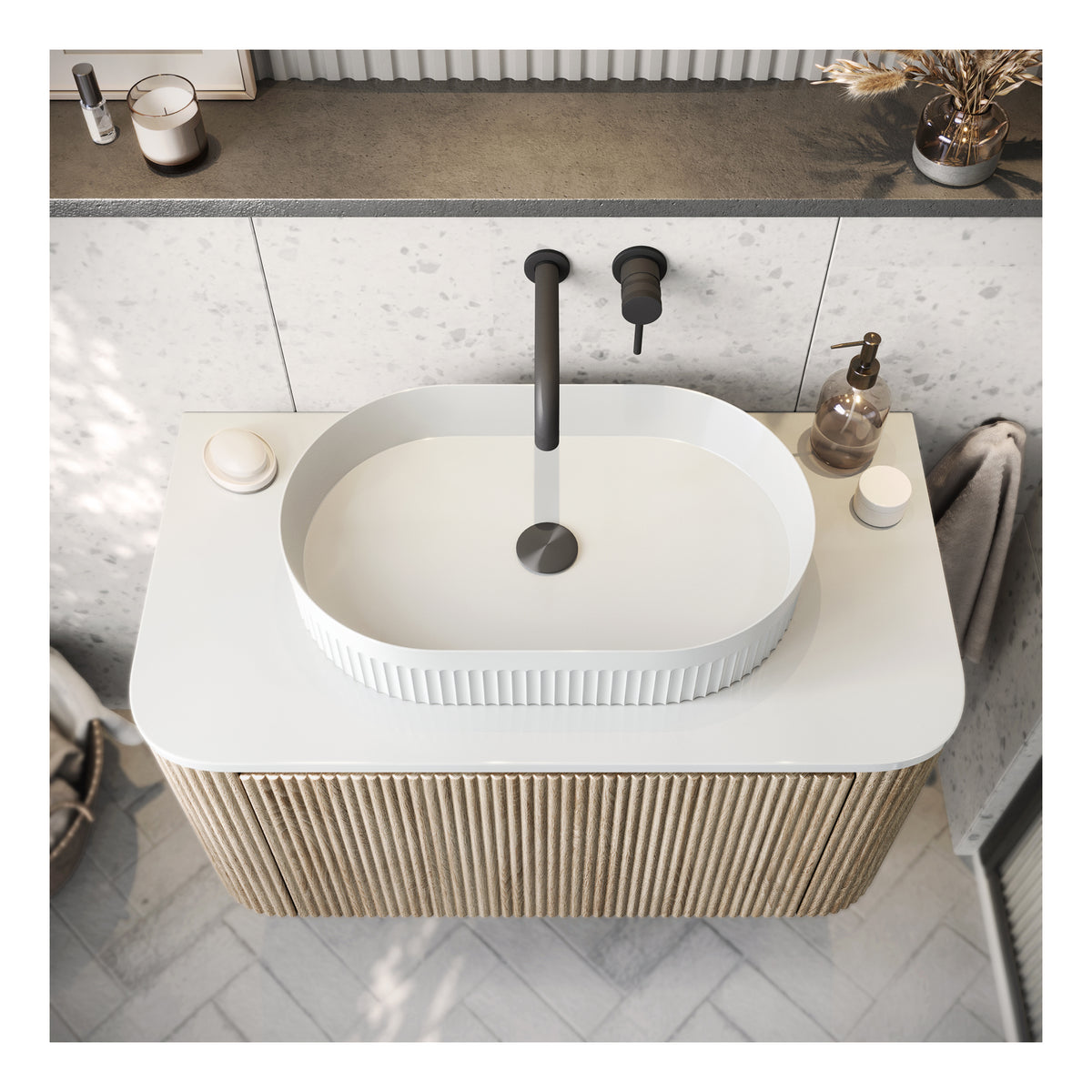 Scudo Fluted Gloss White Countertop Basin – 575×360×116mm - lifestyle