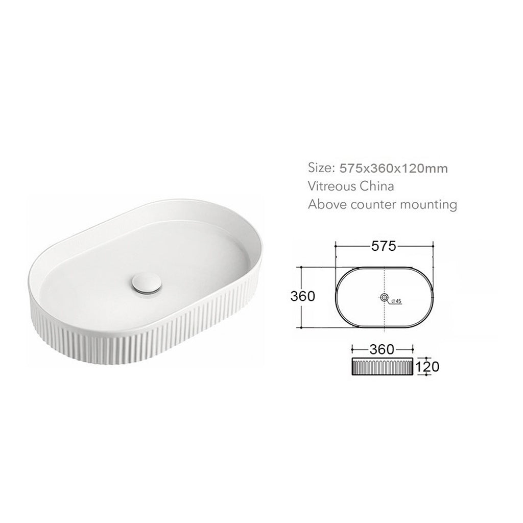 Scudo Fluted Gloss White Countertop Basin – 575×360×116mm - technical drawing with dimensions