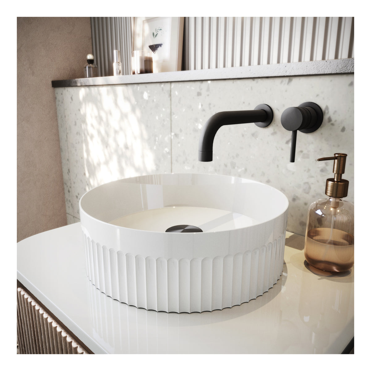 Scudo Fluted 360mm Round Countertop Basin - lifestyle