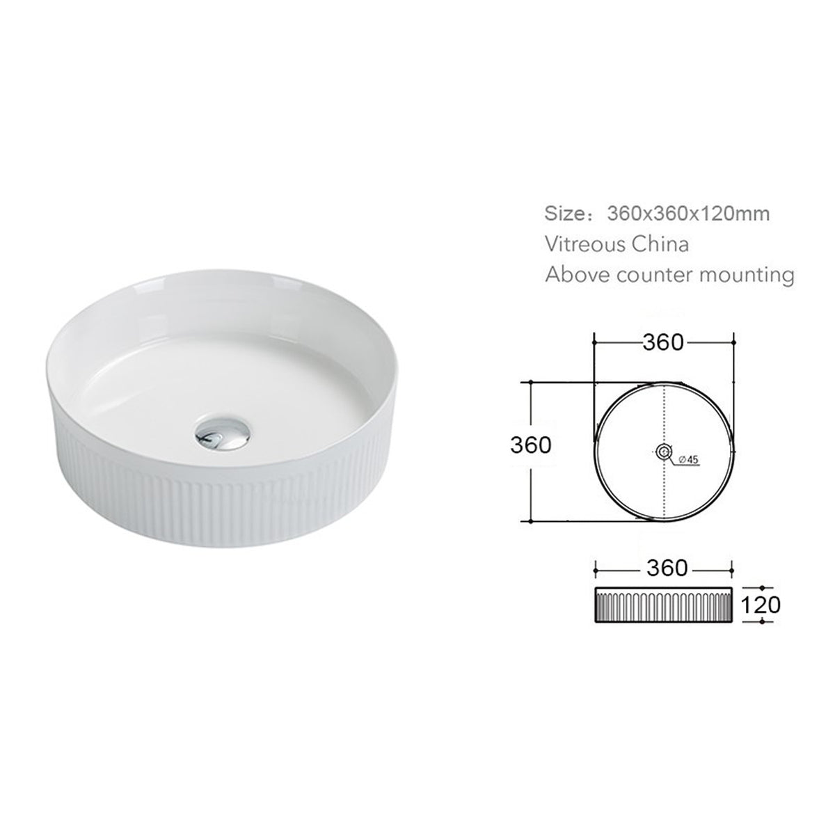 Scudo Fluted 360mm Round Countertop Basin - technical drawing with dimensions