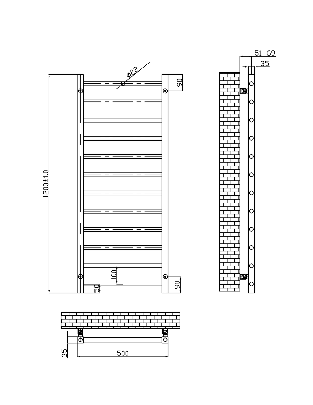Scudo Vibe Vertical Designer Heated Towel Rail 1200mm x 500mm - technical drawing