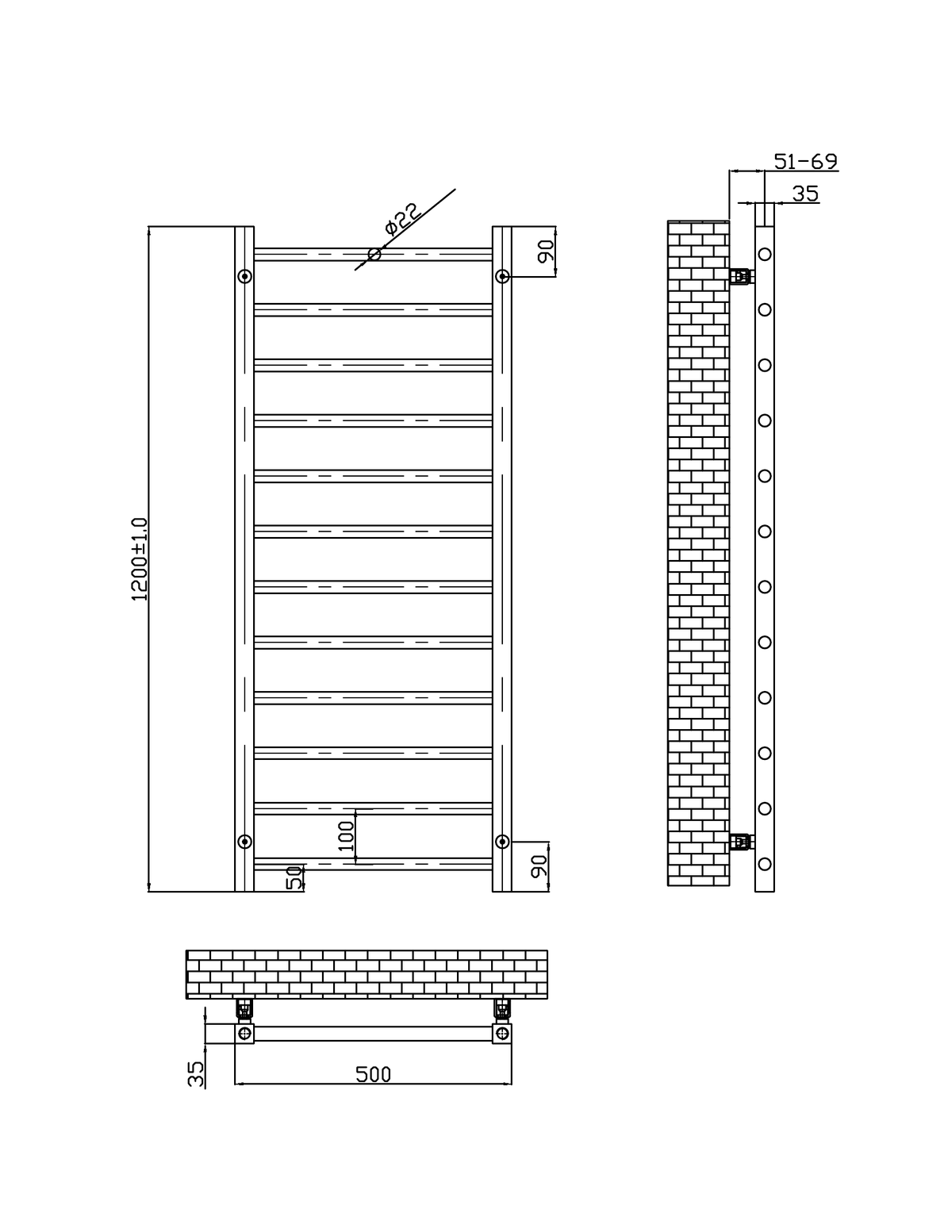Scudo Vibe Vertical Designer Heated Towel Rail 1200mm x 500mm - technical drawing