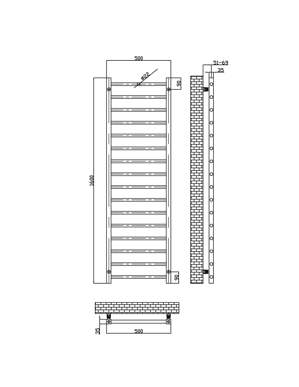 Scudo Vibe Vertical Designer Heated Towel Rail 1600mm x 500mm - technical drawing