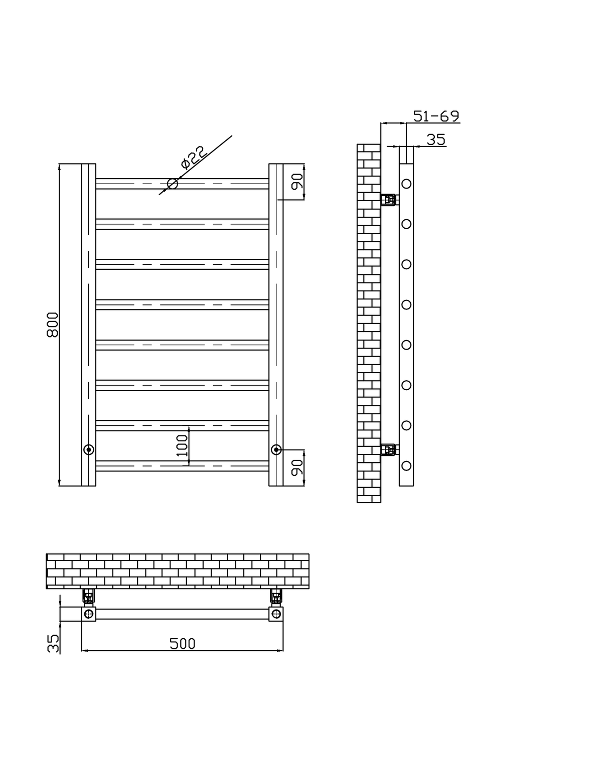 Scudo Vibe Vertical Designer Heated Towel Rail 800mm x 500mm - technical drawing