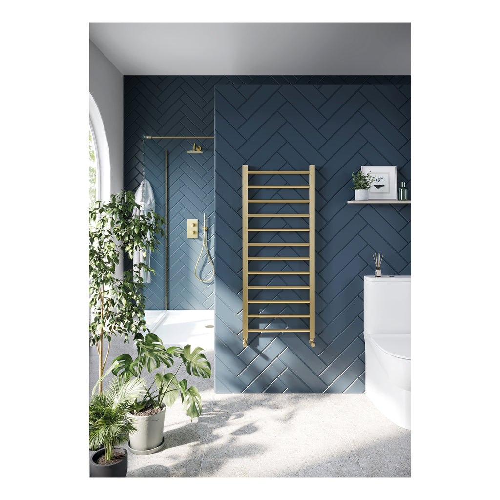 Scudo Vibe Vertical Designer Heated Towel Rail in Brushed Brass, bathroom setting