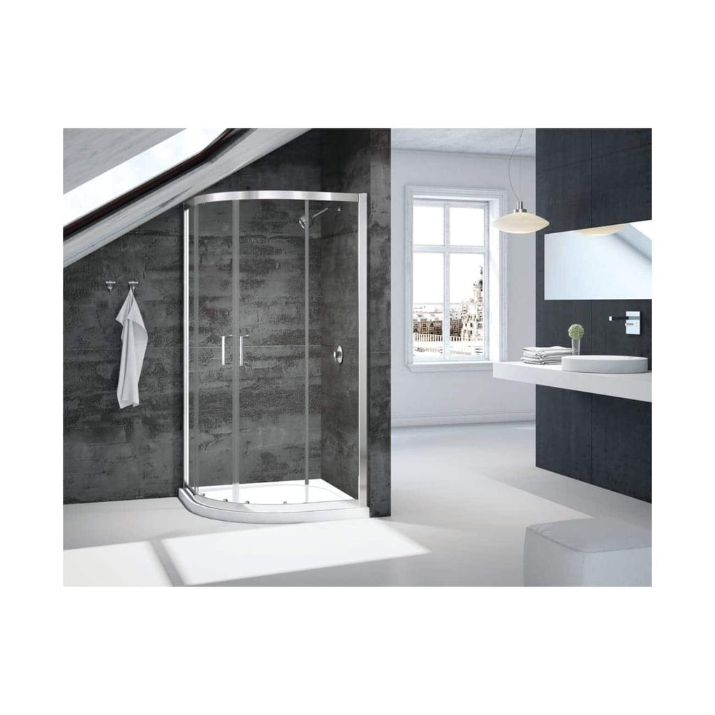 Modern corner shower enclosure with glass doors and sleek chrome handles in a contemporary bathroom. Perfect for stylish, space-efficient bathroom designs.