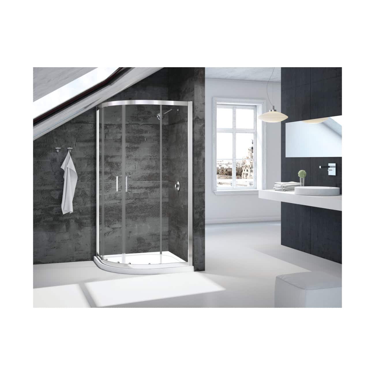 Modern bathroom with curved glass shower enclosure, sleek dark vanity, white countertop, and large window providing natural light, featuring contemporary fixtures and minimalistic design for a stylish bathroom upgrade.