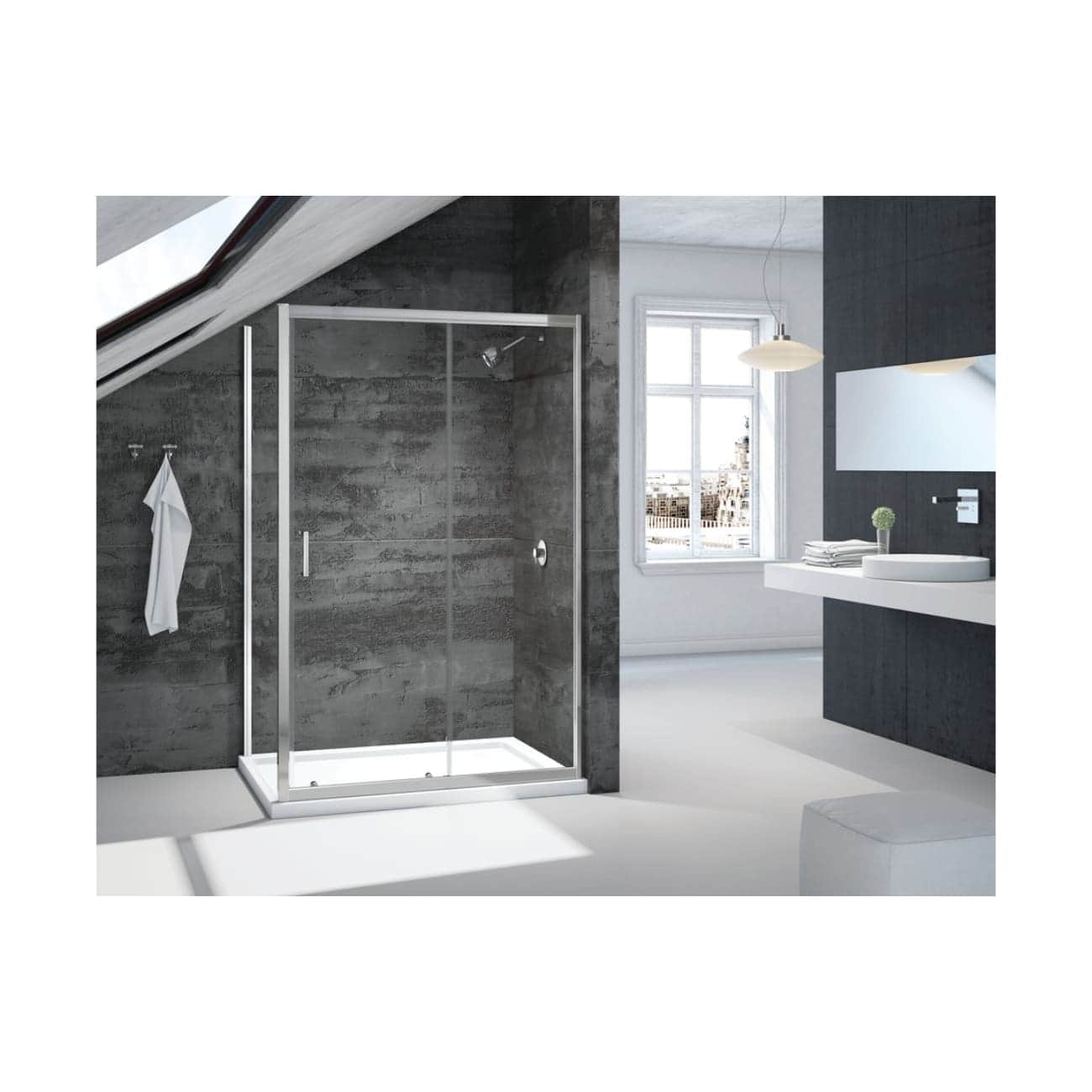 Sleek glass shower enclosure with modern design in a contemporary bathroom featuring concrete walls and large window. Perfect for stylish and functional bathroom renovations.