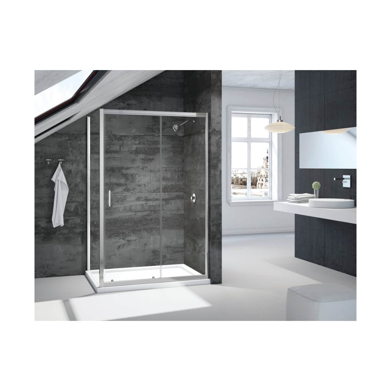 Modern walk-in shower with frameless glass doors and sleek black wall tiles in contemporary bathroom. Bright natural light from large window enhances minimalist design.