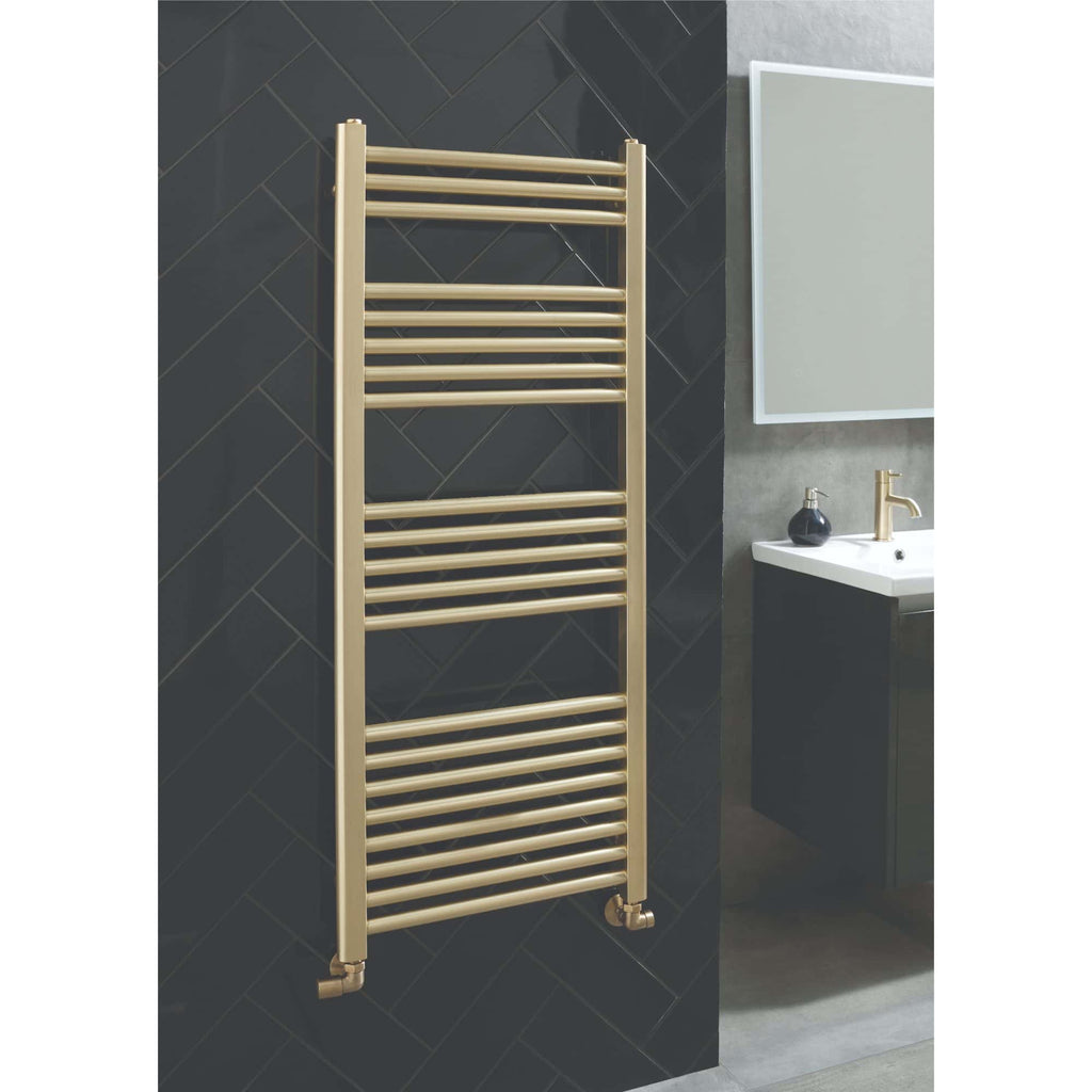 Sleek gold towel rail in modern bathroom with dark tiled wall and white sink, perfect for stylish bathroom heating and towel hanging solutions.
