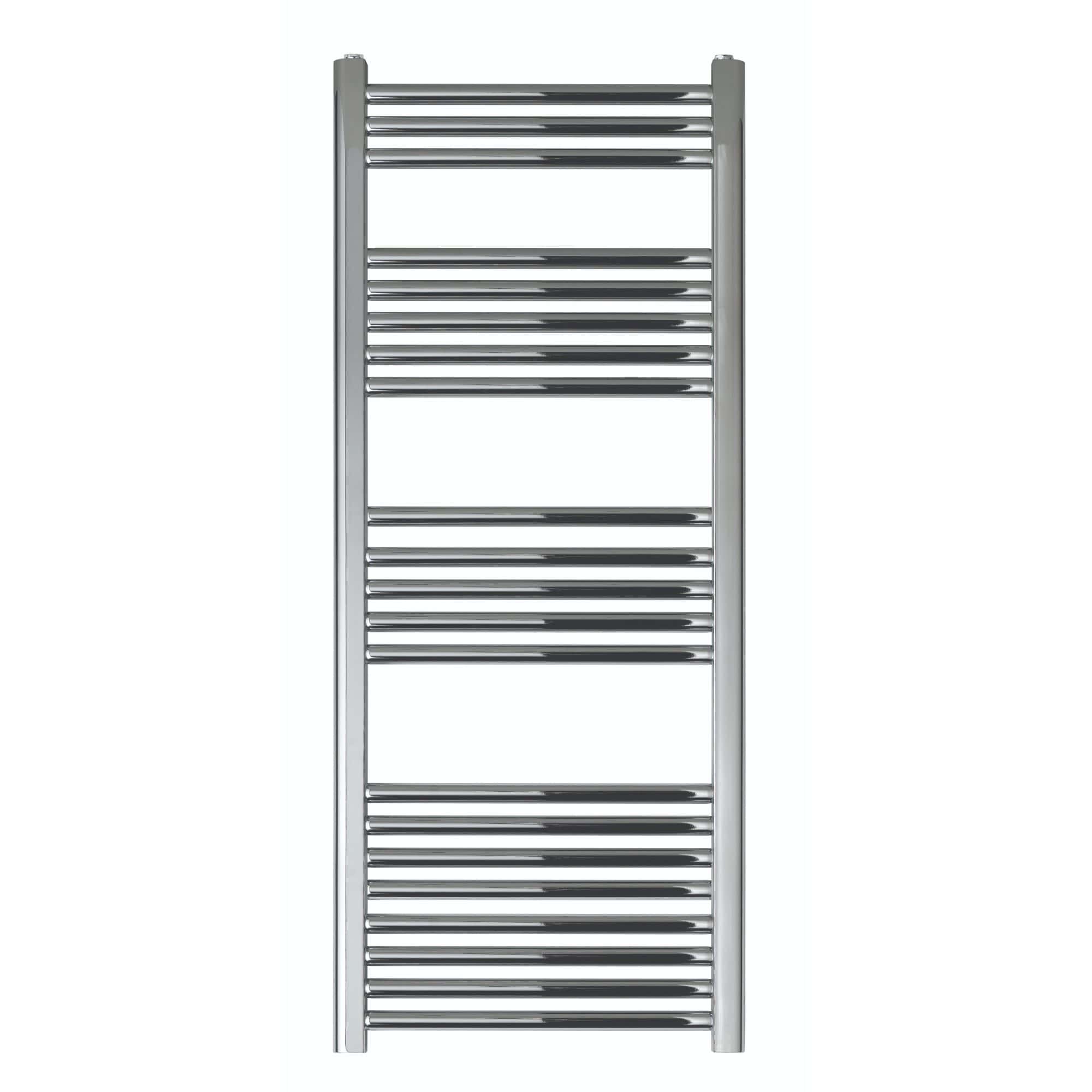 Shiny chrome towel radiator for modern bathroom decor, offering efficient heating and towel drying. Perfect for contemporary Bubly Bathrooms designs.